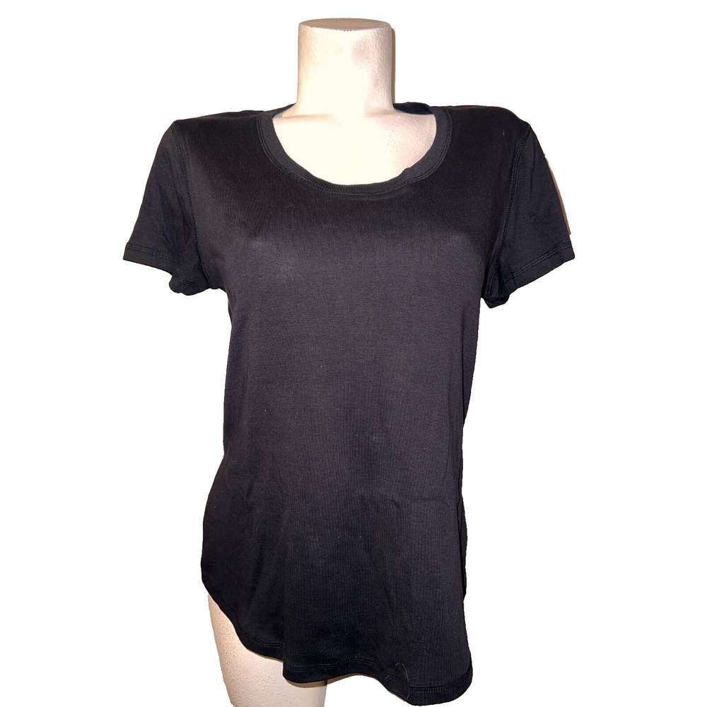 Christopher & Banks Top Size L Black Ribbed Cotton Short Sleeve Tee Shaped Fit